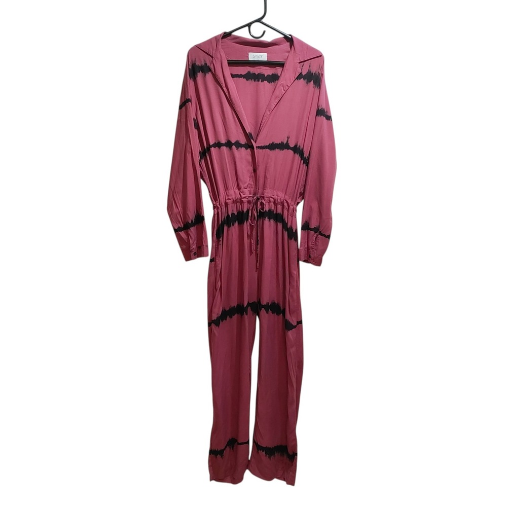 S/W/F Revolve Rose Pink Black Tie Dye Long Resort Sleeve Wide Leg Jumpsuit Large - Picture 4 of 10